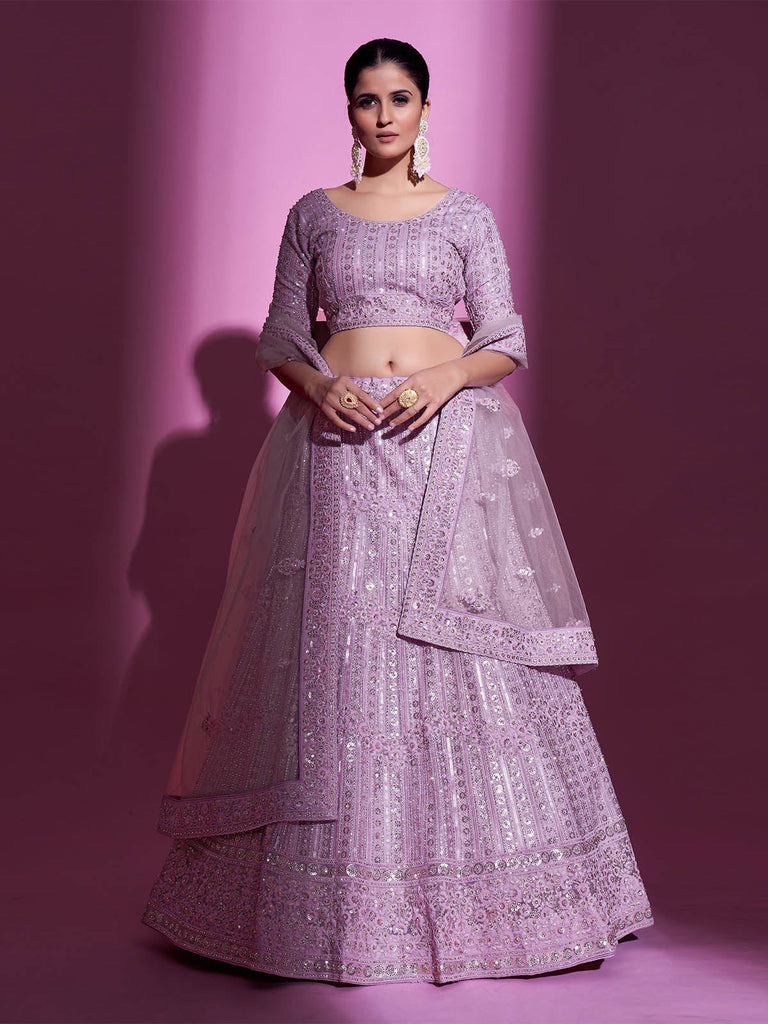 Purple Net Embroidered Semi Stitched Lehenga With Unstitched Blouse Clothsvilla