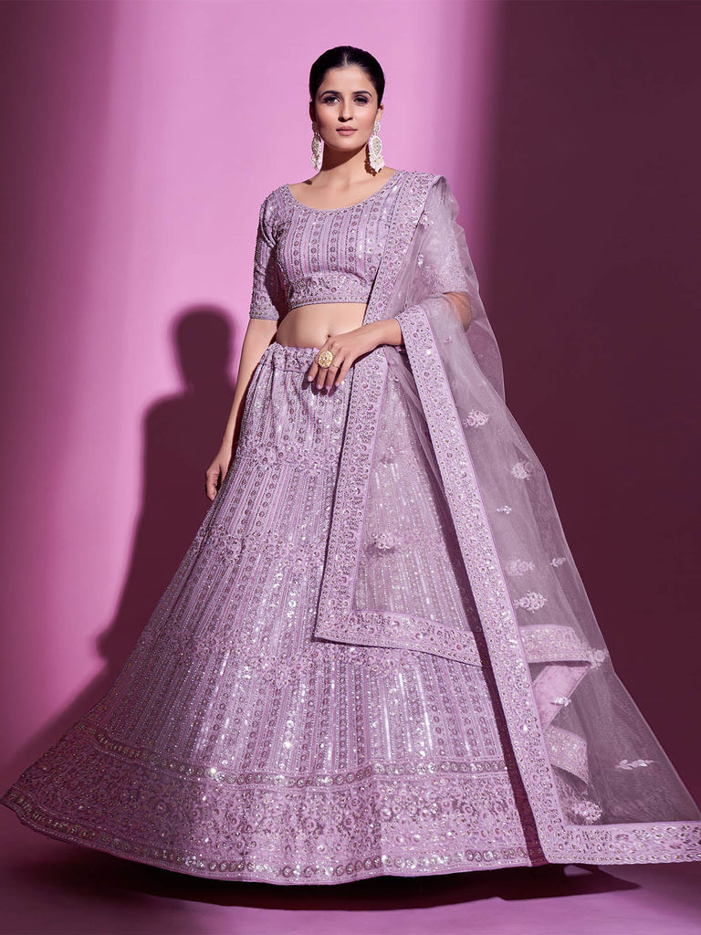 Purple Net Embroidered Semi Stitched Lehenga With Unstitched Blouse Clothsvilla