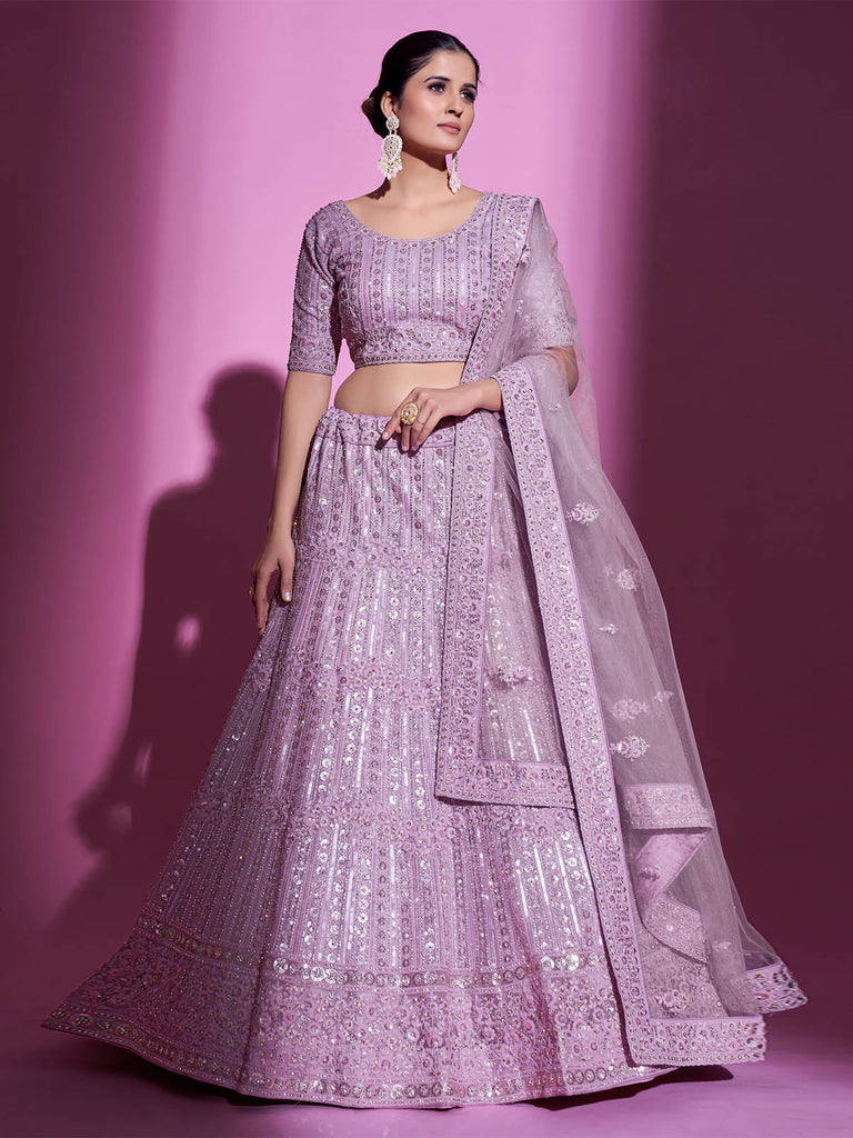 Purple Net Embroidered Semi Stitched Lehenga With Unstitched Blouse Clothsvilla