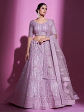 Load image into Gallery viewer, Purple Net Embroidered Semi Stitched Lehenga With Unstitched Blouse Clothsvilla