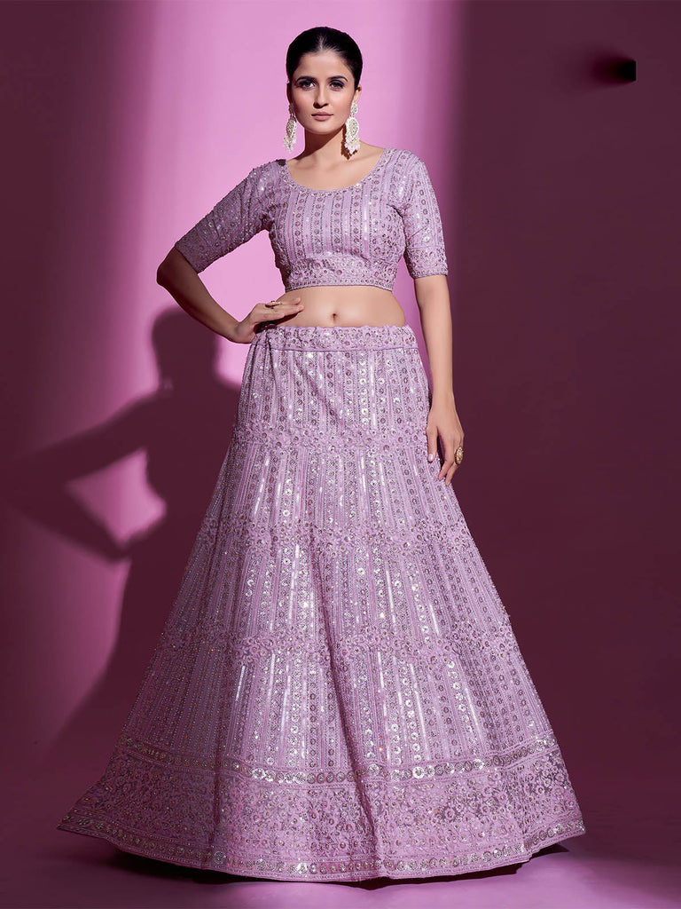 Purple Net Embroidered Semi Stitched Lehenga With Unstitched Blouse Clothsvilla