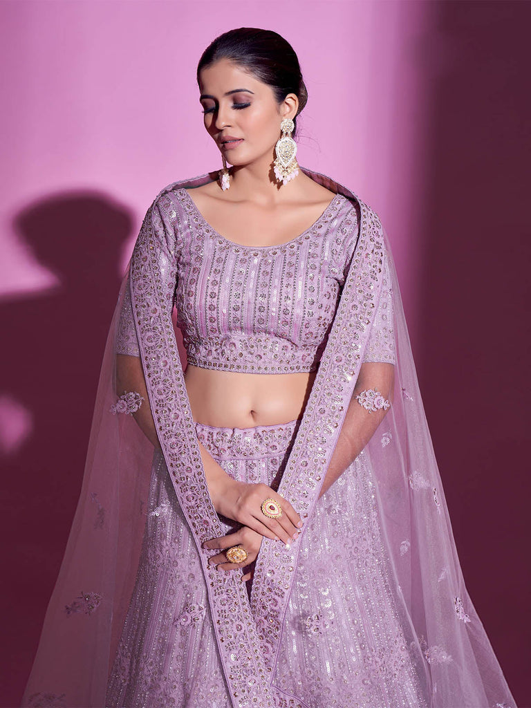 Purple Net Embroidered Semi Stitched Lehenga With Unstitched Blouse Clothsvilla