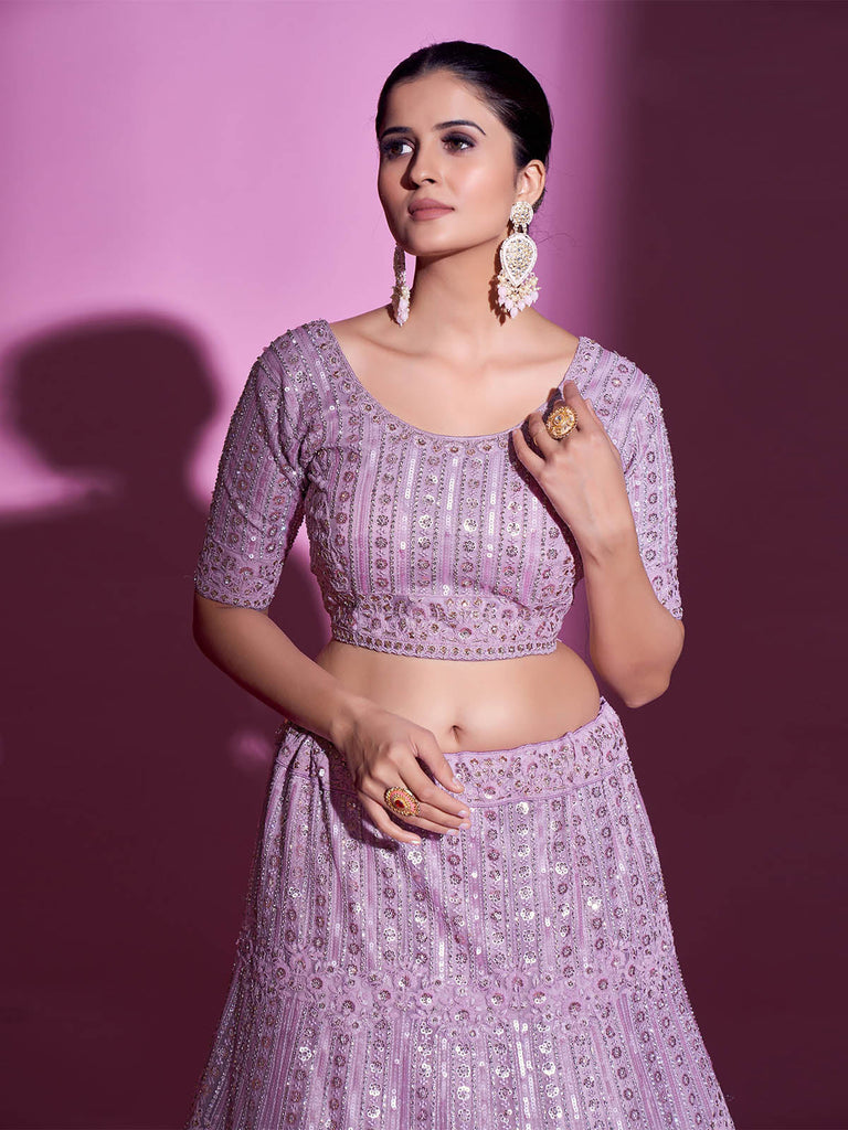 Purple Net Embroidered Semi Stitched Lehenga With Unstitched Blouse Clothsvilla