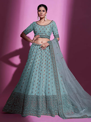Blue Silk Blend Embroidered Semi Stitched Lehenga With Unstitched Blouse Clothsvilla
