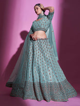 Load image into Gallery viewer, Blue Silk Blend Embroidered Semi Stitched Lehenga With Unstitched Blouse Clothsvilla