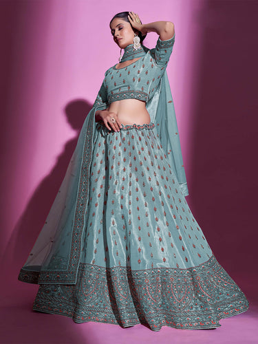 Blue Silk Blend Embroidered Semi Stitched Lehenga With Unstitched Blouse Clothsvilla