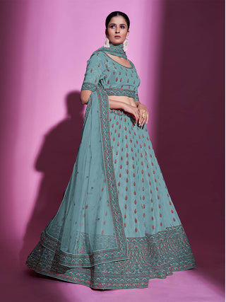 Blue Silk Blend Embroidered Semi Stitched Lehenga With Unstitched Blouse Clothsvilla