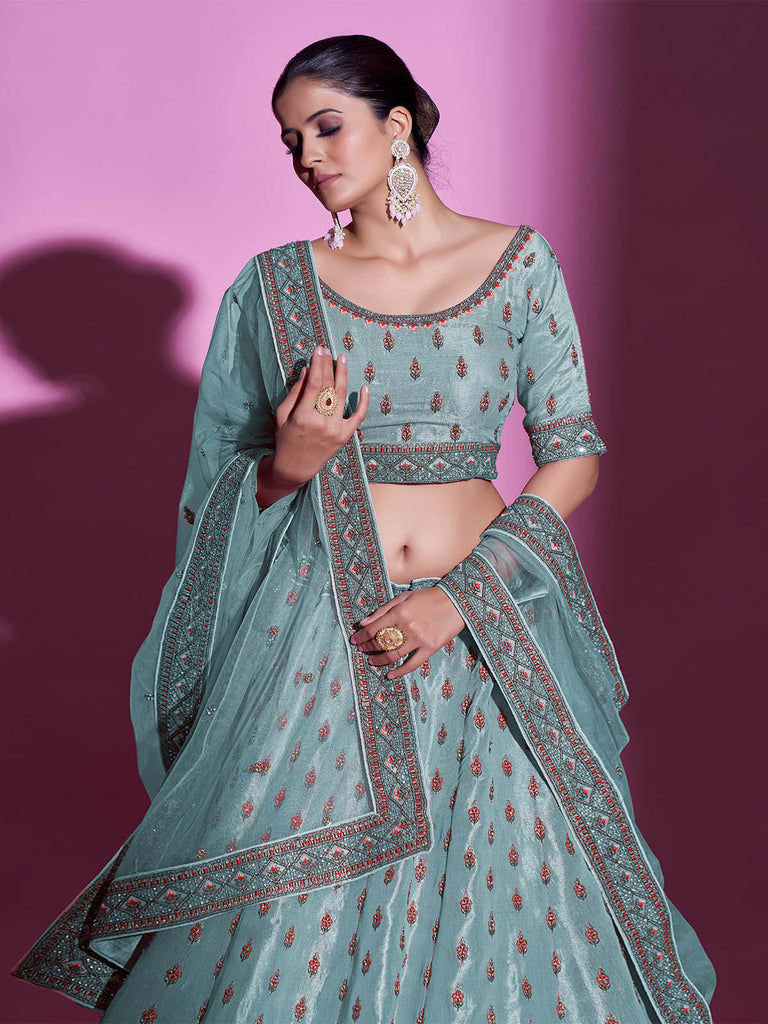 Blue Silk Blend Embroidered Semi Stitched Lehenga With Unstitched Blouse Clothsvilla