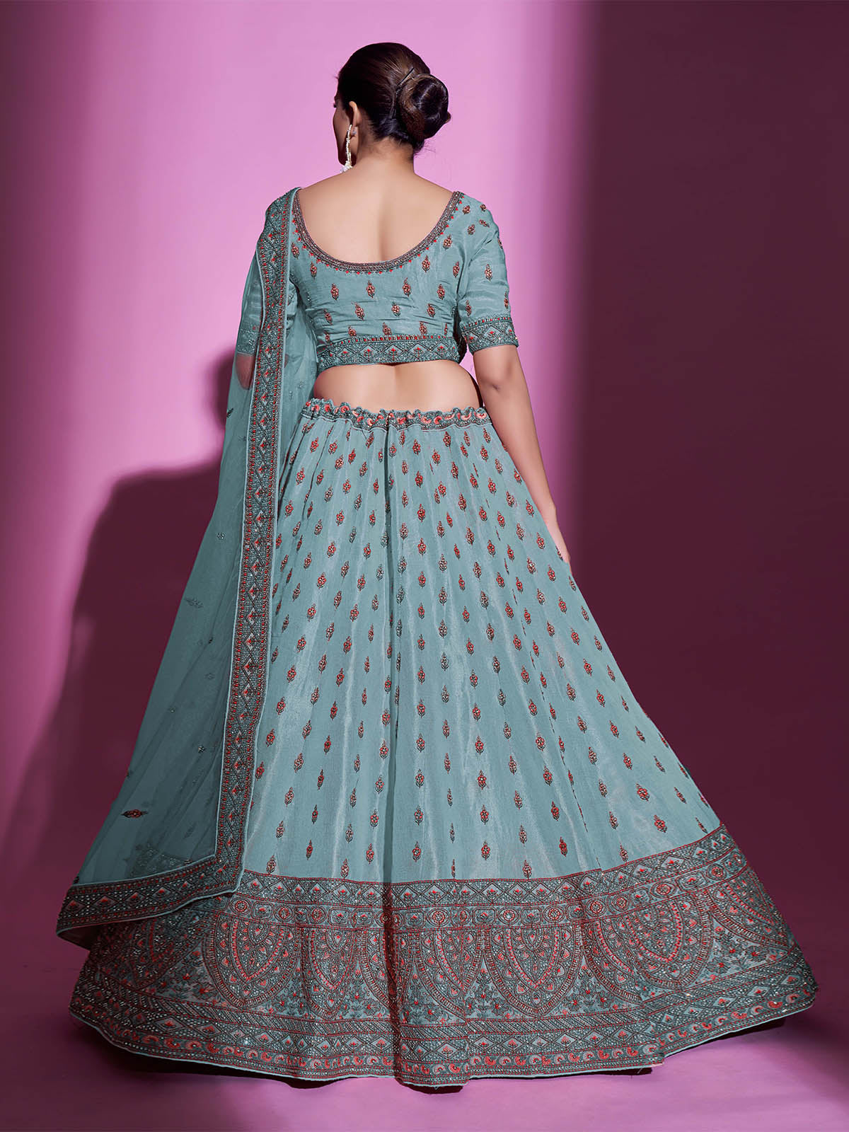 Blue Silk Blend Embroidered Semi Stitched Lehenga With Unstitched Blouse Clothsvilla