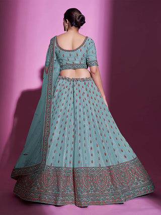 Blue Silk Blend Embroidered Semi Stitched Lehenga With Unstitched Blouse Clothsvilla