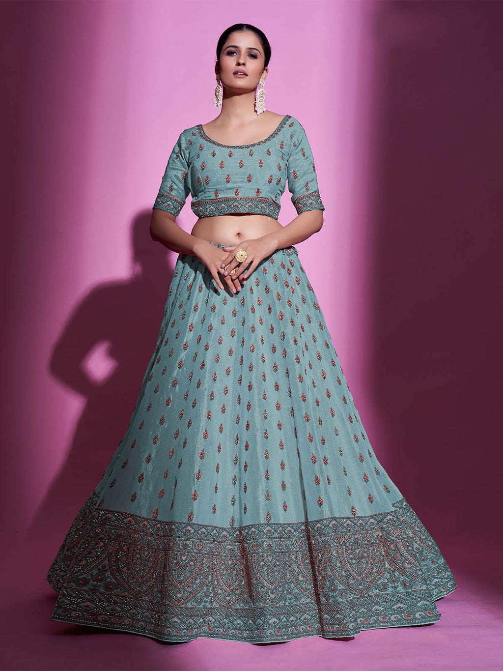 Blue Silk Blend Embroidered Semi Stitched Lehenga With Unstitched Blouse Clothsvilla