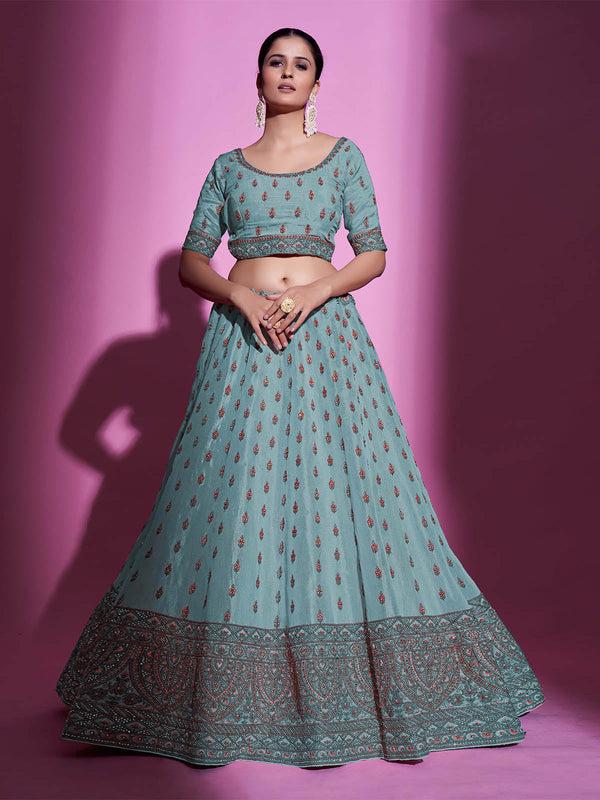 Blue Silk Blend Embroidered Semi Stitched Lehenga With Unstitched Blouse Clothsvilla