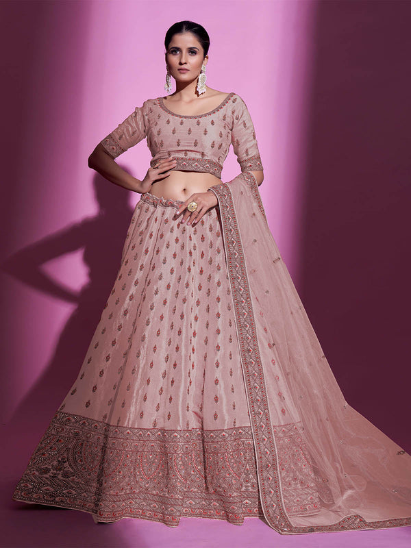 Peach Silk Blend Embroidered Semi Stitched Lehenga With Unstitched Blouse Clothsvilla