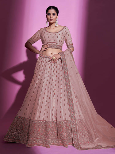 Peach Silk Blend Embroidered Semi Stitched Lehenga With Unstitched Blouse Clothsvilla