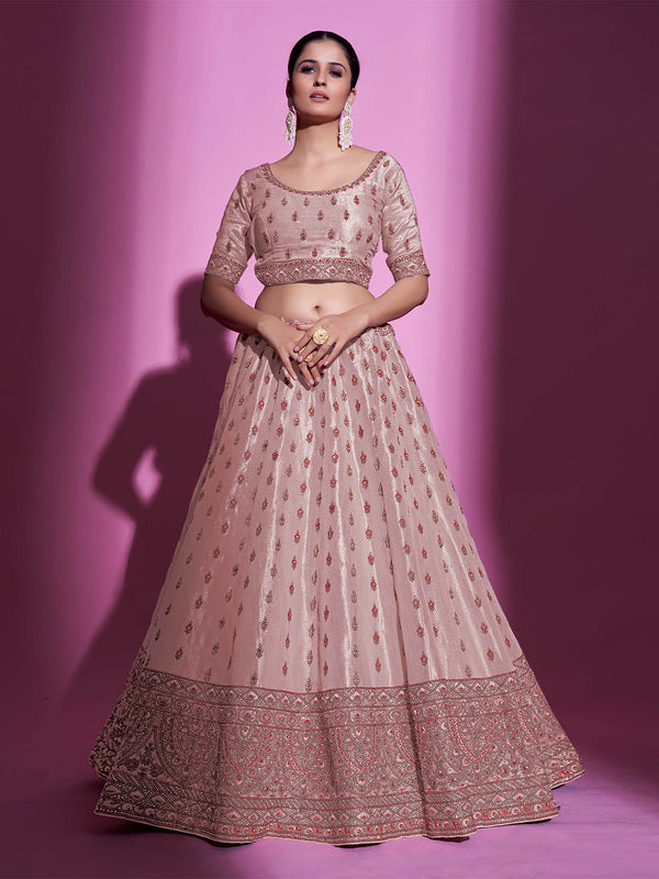 Peach Silk Blend Embroidered Semi Stitched Lehenga With Unstitched Blouse Clothsvilla