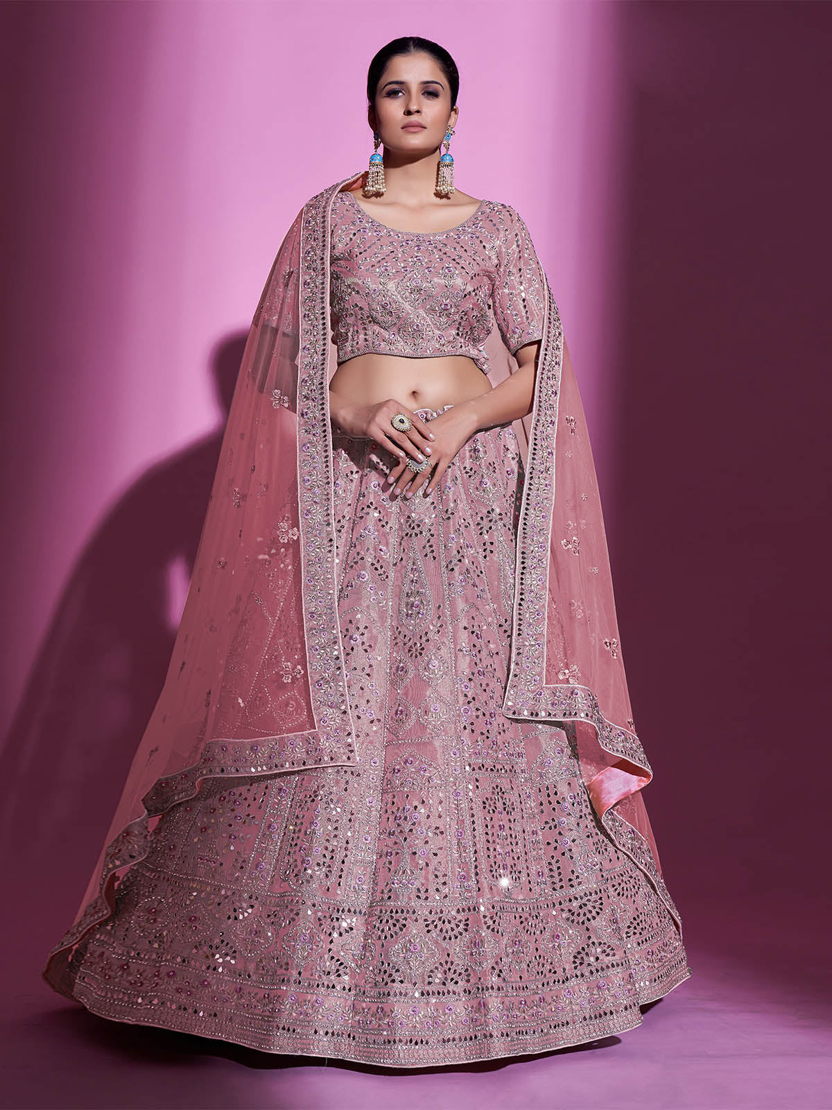 Pink Silk Blend Embroidered Semi Stitched Lehenga With Unstitched Blouse Clothsvilla Main image