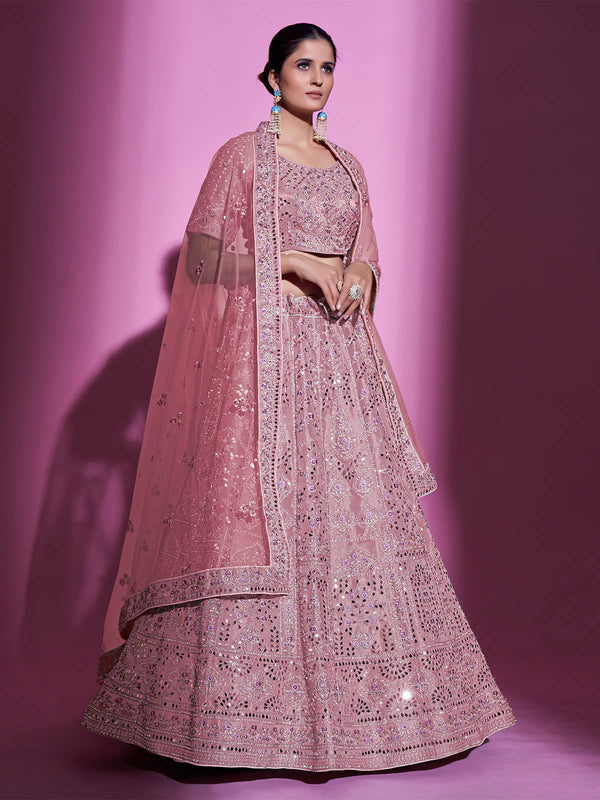Pink Silk Blend Embroidered Semi Stitched Lehenga With Unstitched Blouse Clothsvilla