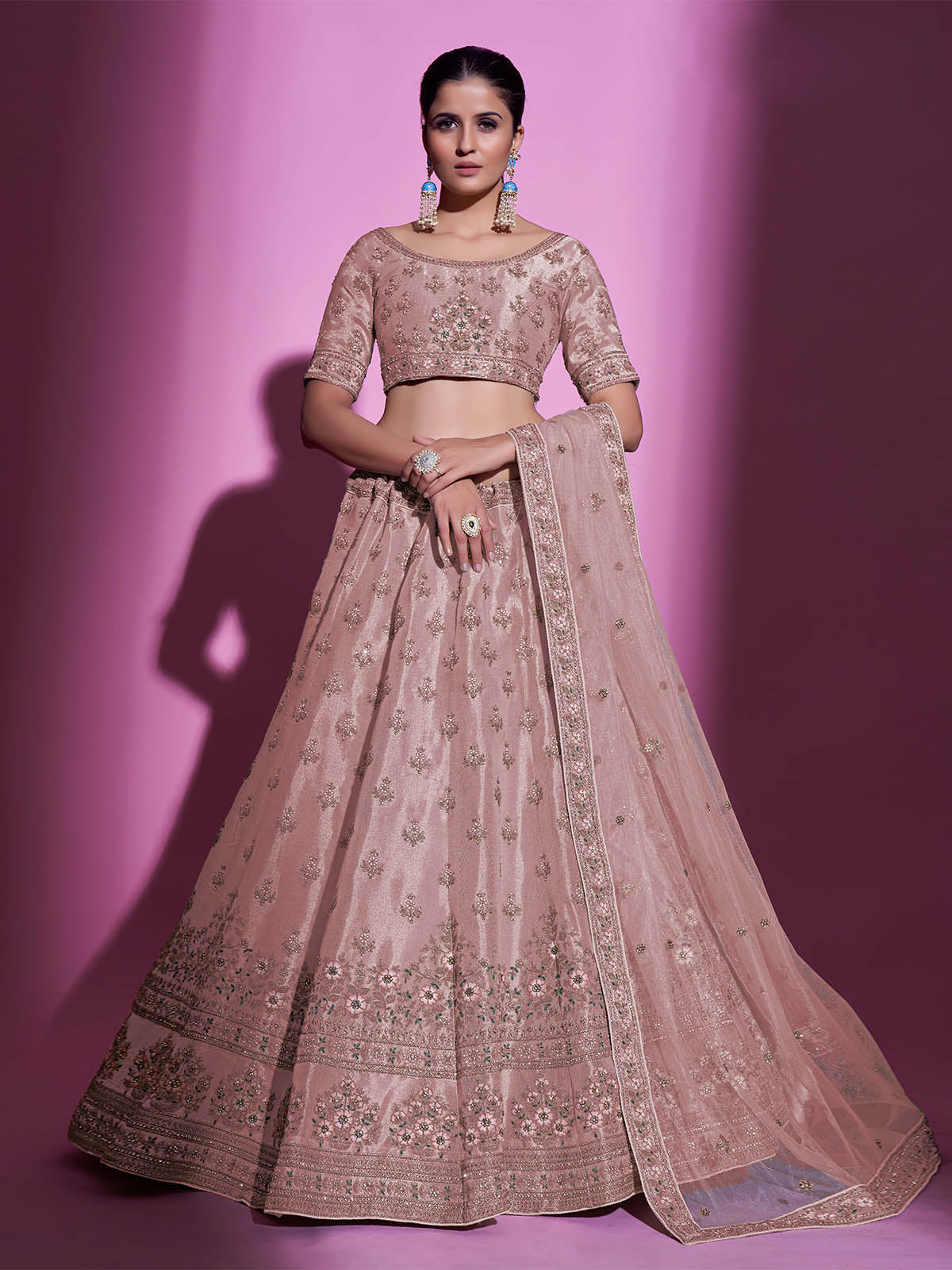 Peach Silk Blend Embroidered Semi Stitched Lehenga With Unstitched Blouse Clothsvilla Main image