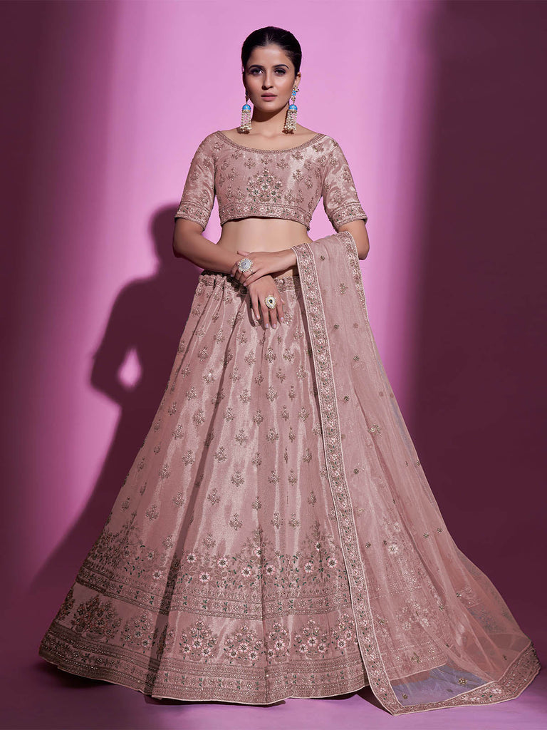 Peach Silk Blend Embroidered Semi Stitched Lehenga With Unstitched Blouse Clothsvilla
