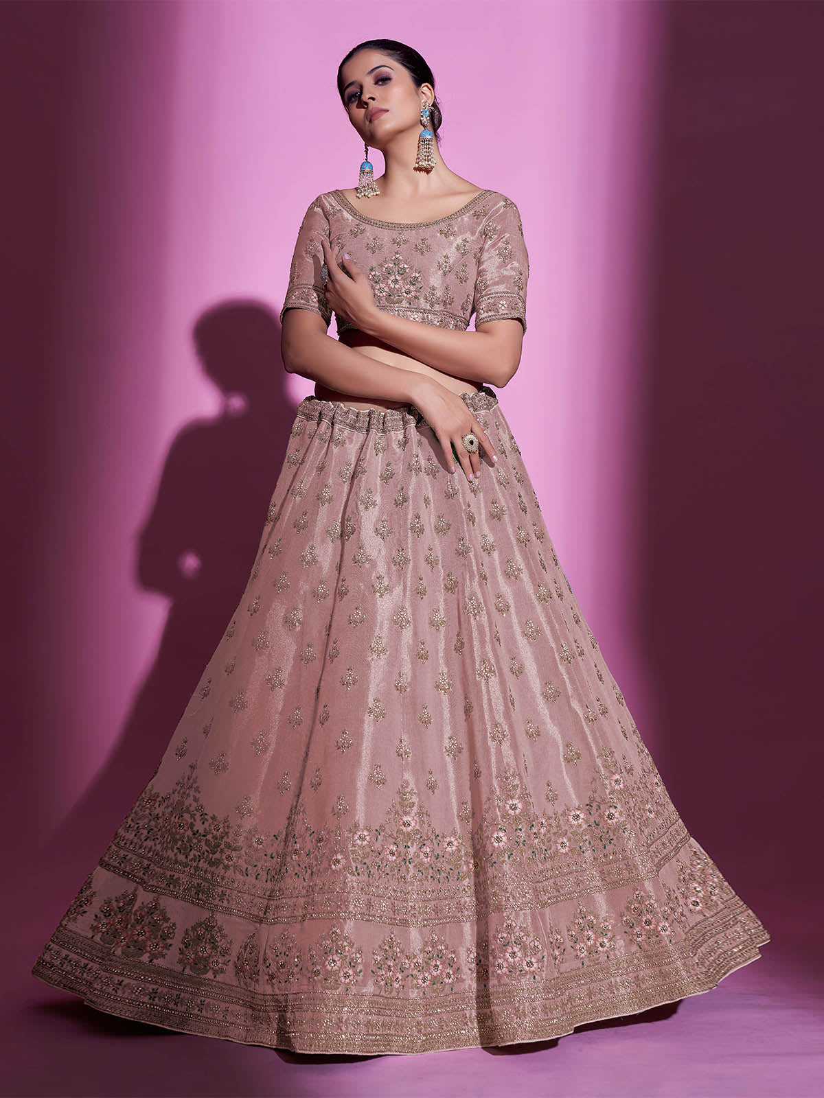Peach Silk Blend Embroidered Semi Stitched Lehenga With Unstitched Blouse Clothsvilla