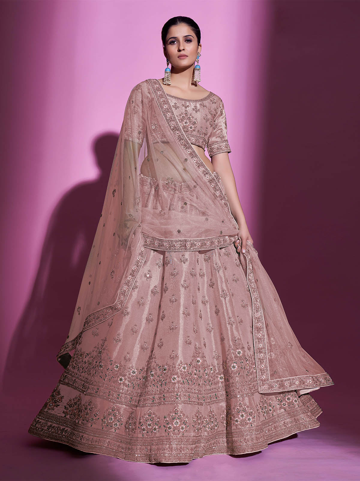 Peach Silk Blend Embroidered Semi Stitched Lehenga With Unstitched Blouse Clothsvilla
