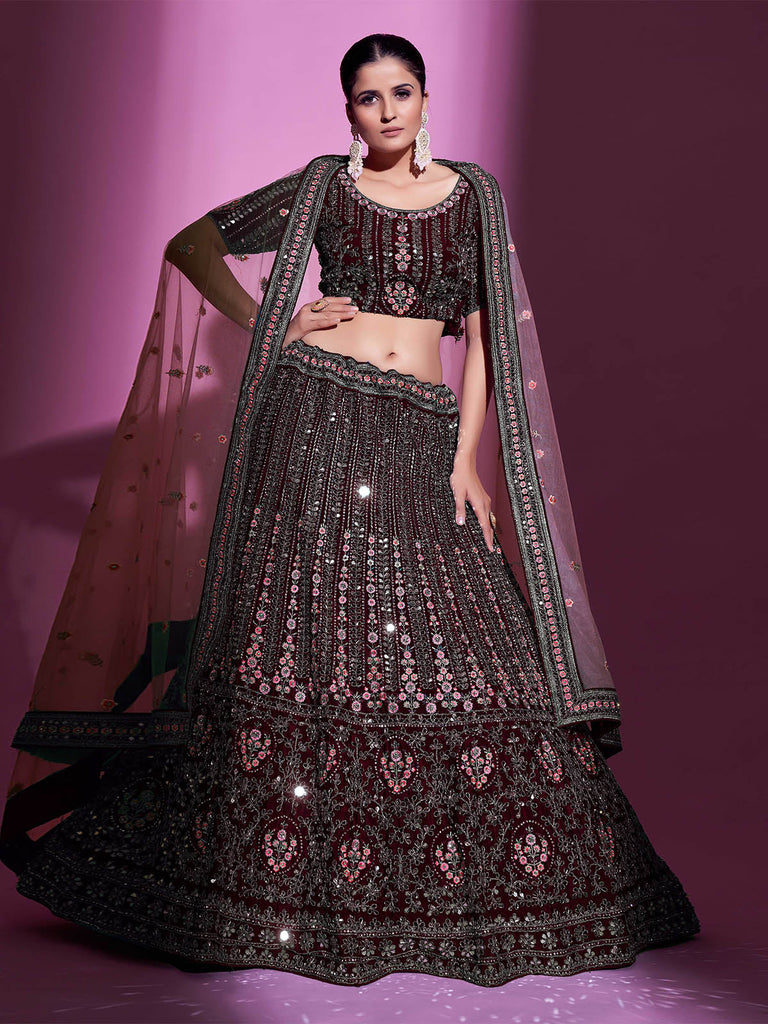 Violet Crepe Embroidered Semi Stitched Lehenga With Unstitched Blouse Clothsvilla