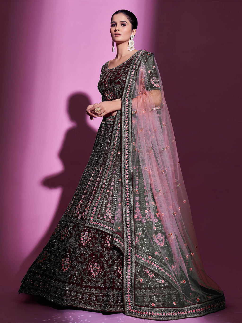 Violet Crepe Embroidered Semi Stitched Lehenga With Unstitched Blouse Clothsvilla