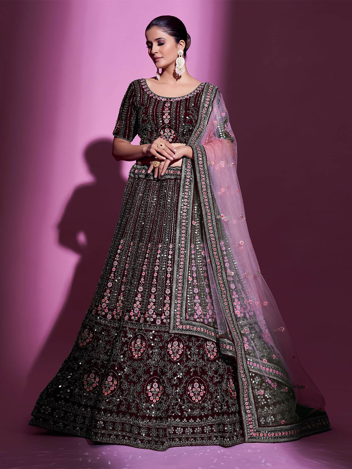 Violet Crepe Embroidered Semi Stitched Lehenga With Unstitched Blouse Clothsvilla