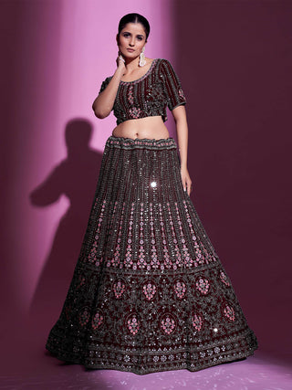 Violet Crepe Embroidered Semi Stitched Lehenga With Unstitched Blouse Clothsvilla