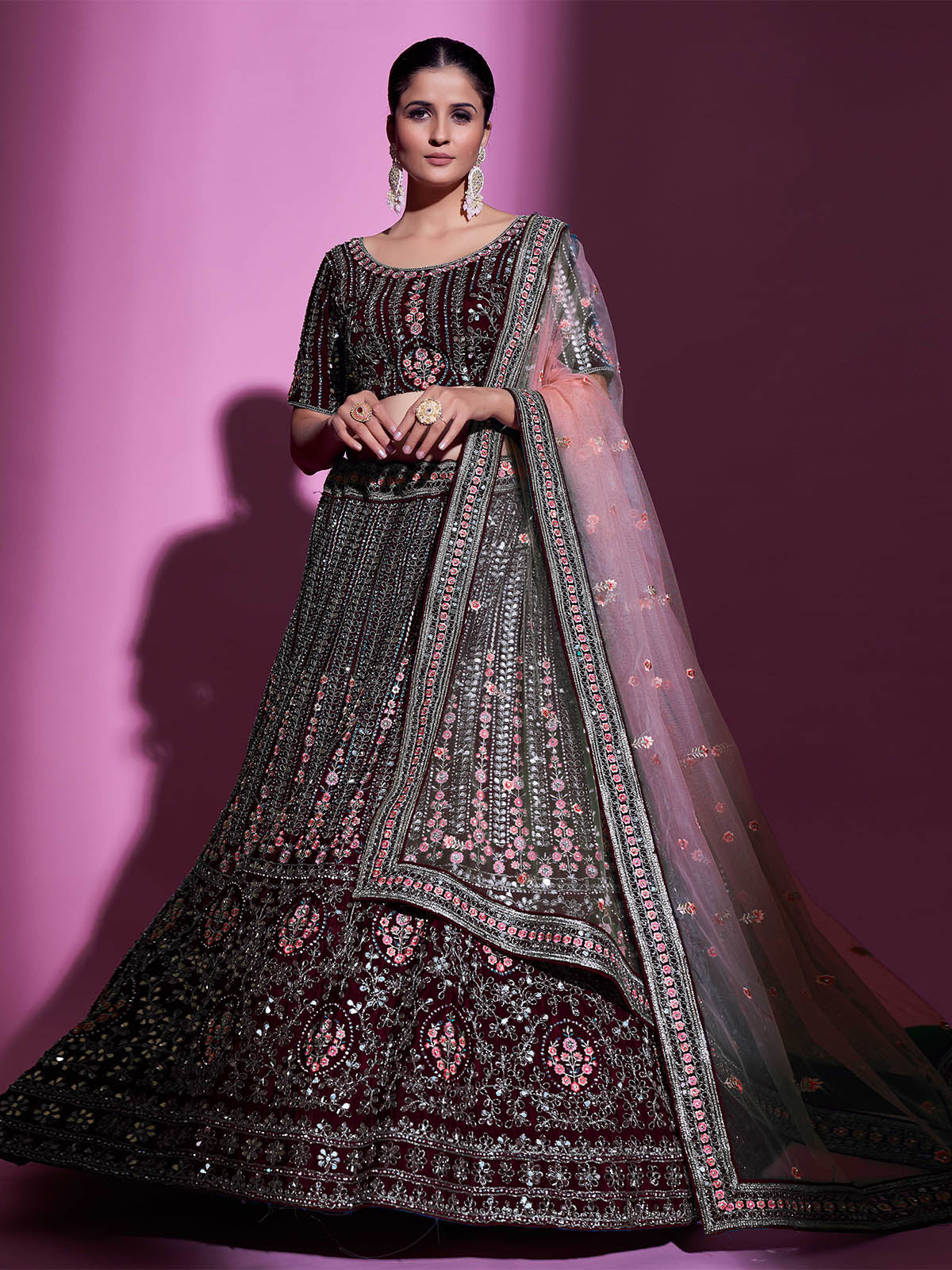 Violet Crepe Embroidered Semi Stitched Lehenga With Unstitched Blouse Clothsvilla