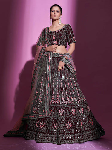 Violet Crepe Embroidered Semi Stitched Lehenga With Unstitched Blouse Clothsvilla