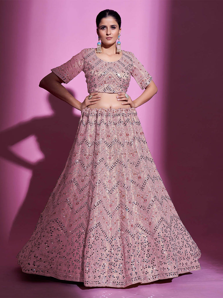 Pink Silk Blend Embroidered Semi Stitched Lehenga With Unstitched Blouse Clothsvilla