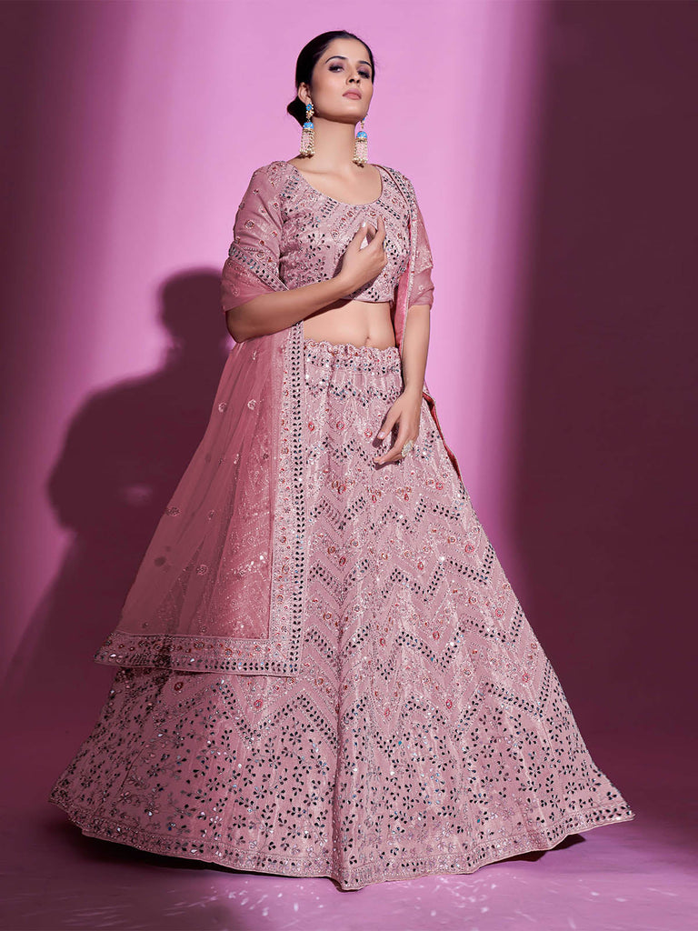 Pink Silk Blend Embroidered Semi Stitched Lehenga With Unstitched Blouse Clothsvilla