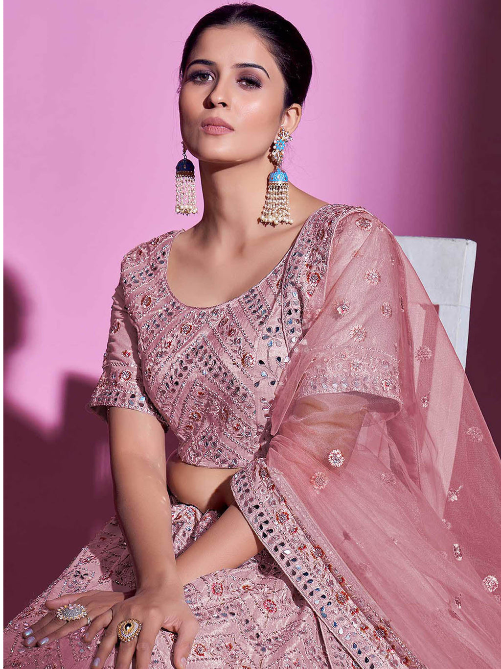 Pink Silk Blend Embroidered Semi Stitched Lehenga With Unstitched Blouse Clothsvilla