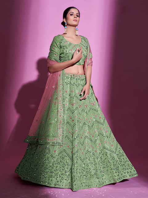 Green Silk Blend Embroidered Semi Stitched Lehenga With Unstitched Blouse Clothsvilla Main image