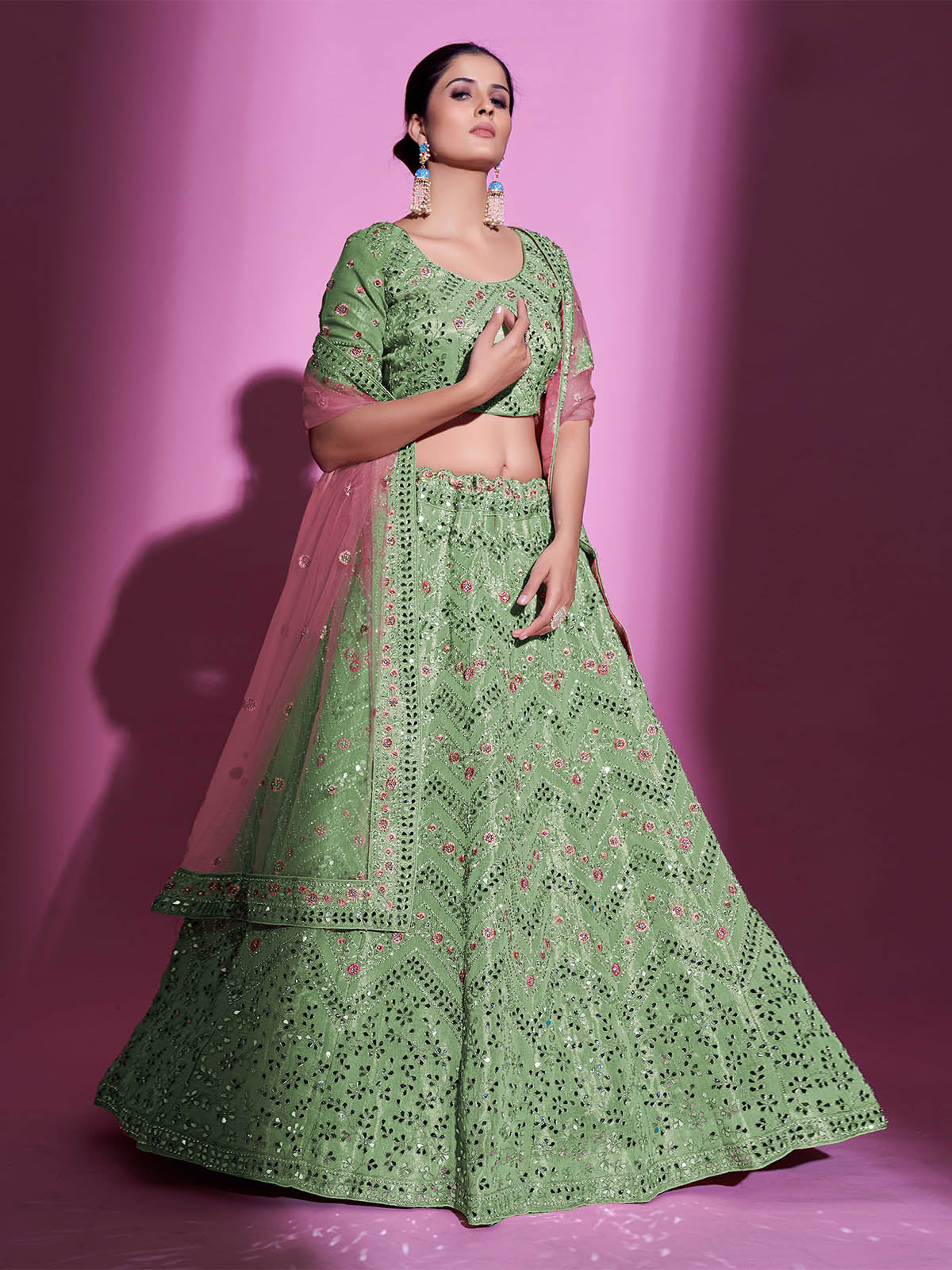 Green Silk Blend Embroidered Semi Stitched Lehenga With Unstitched Blouse Clothsvilla