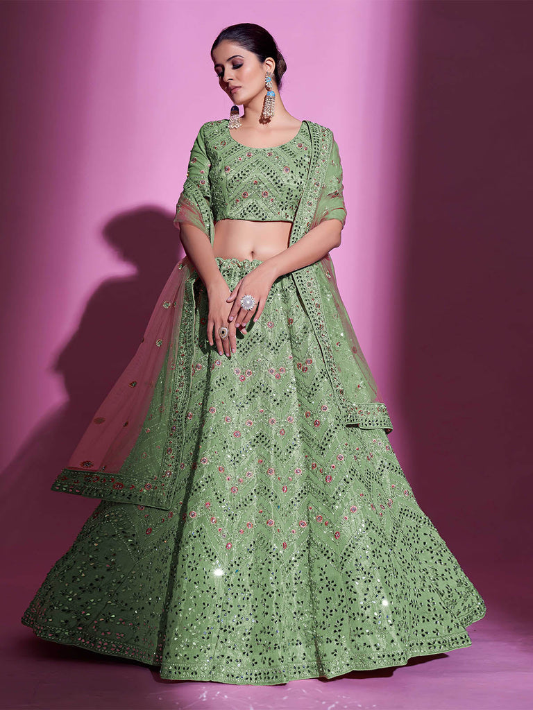 Green Silk Blend Embroidered Semi Stitched Lehenga With Unstitched Blouse Clothsvilla