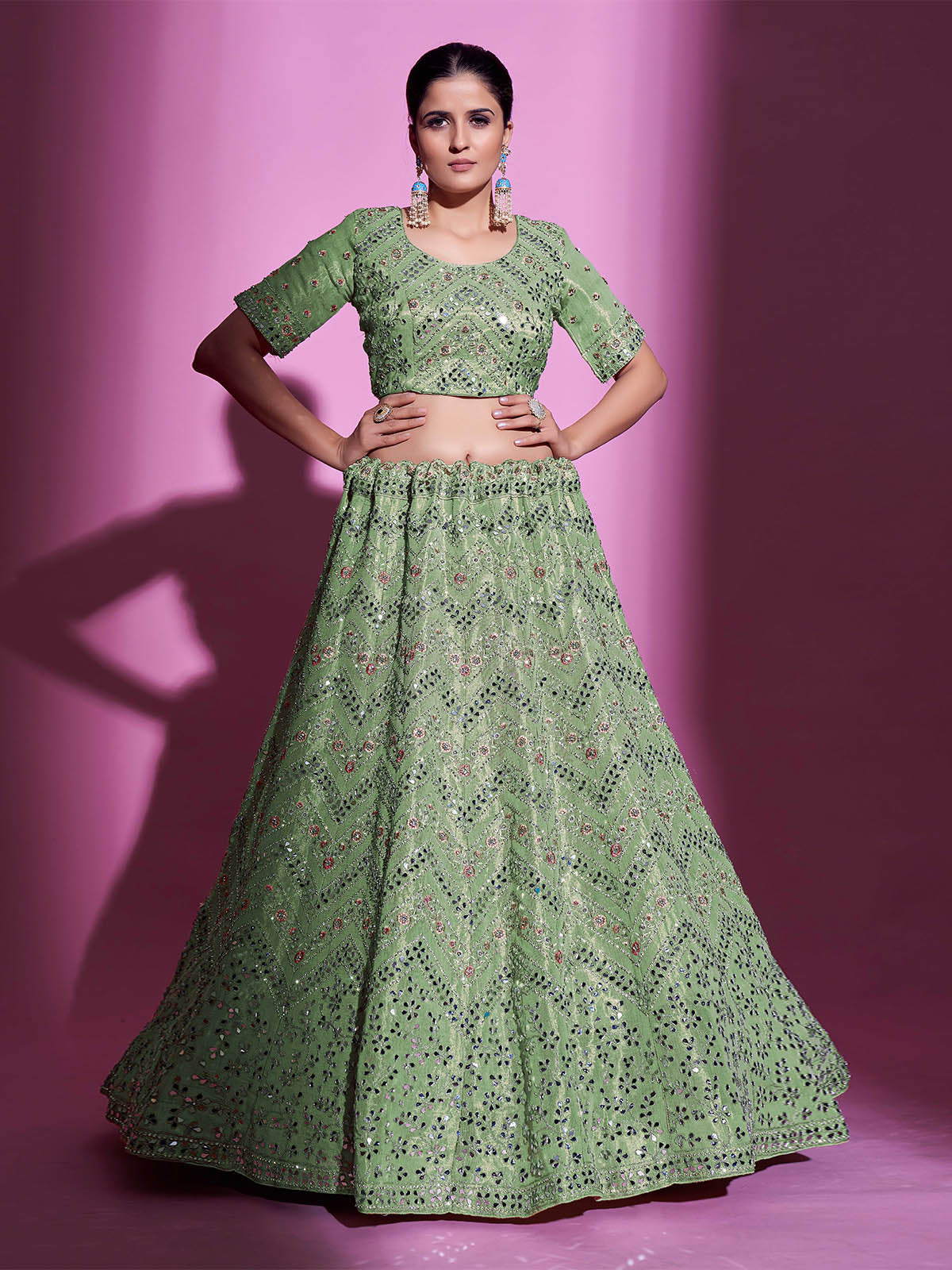 Green Silk Blend Embroidered Semi Stitched Lehenga With Unstitched Blouse Clothsvilla