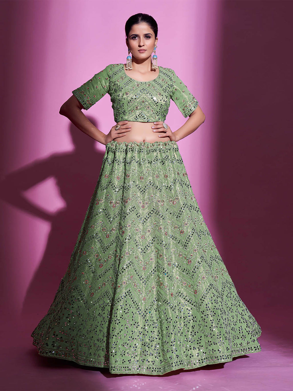 Green Silk Blend Embroidered Semi Stitched Lehenga With Unstitched Blouse Clothsvilla