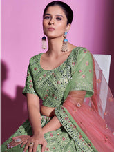 Load image into Gallery viewer, Green Silk Blend Embroidered Semi Stitched Lehenga With Unstitched Blouse Clothsvilla