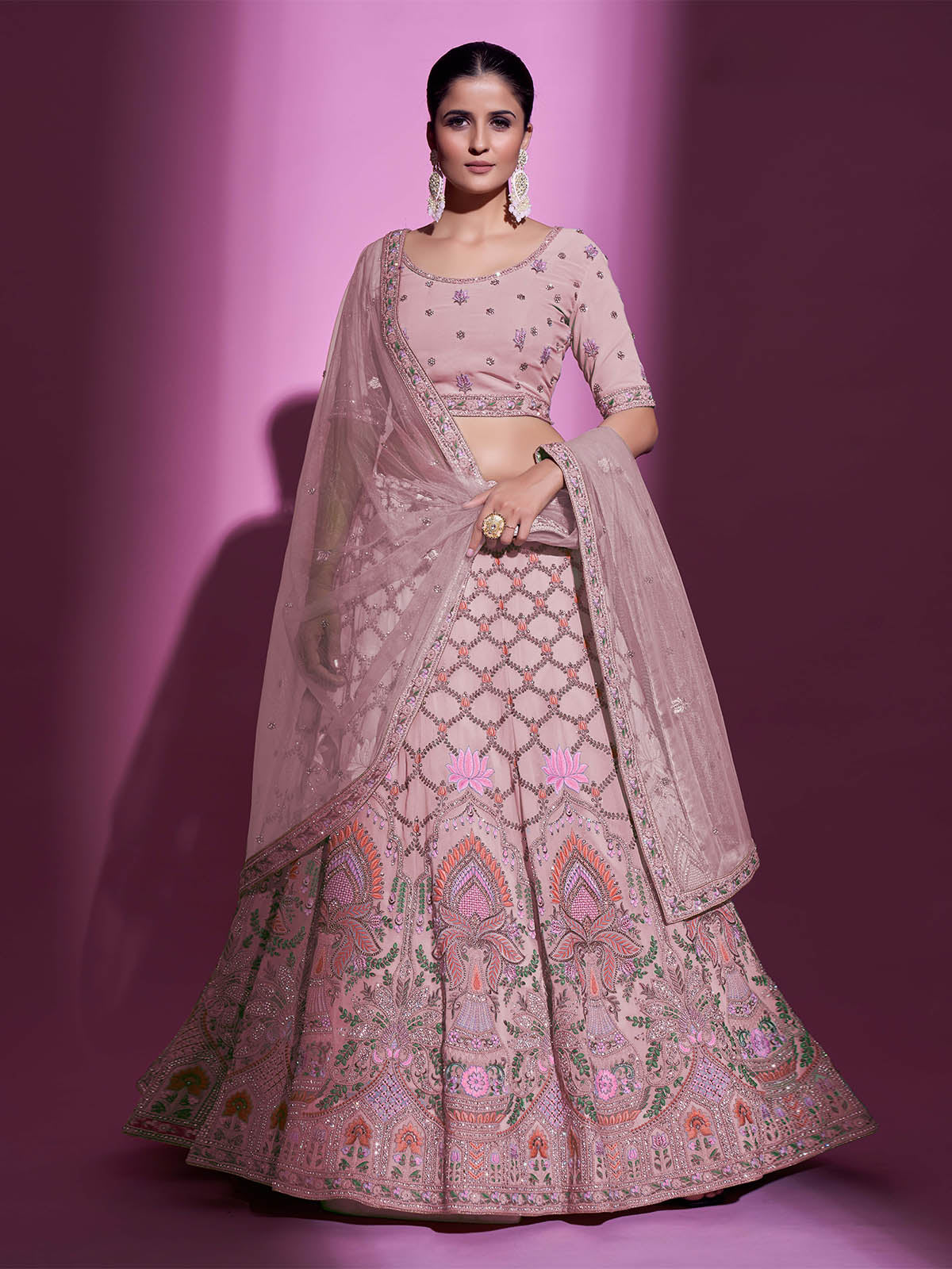 Peach Georgette Embroidered Semi Stitched Lehenga With Unstitched Blouse Clothsvilla