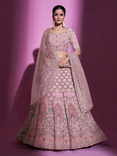 Peach Georgette Embroidered Semi Stitched Lehenga With Unstitched Blouse Clothsvilla
