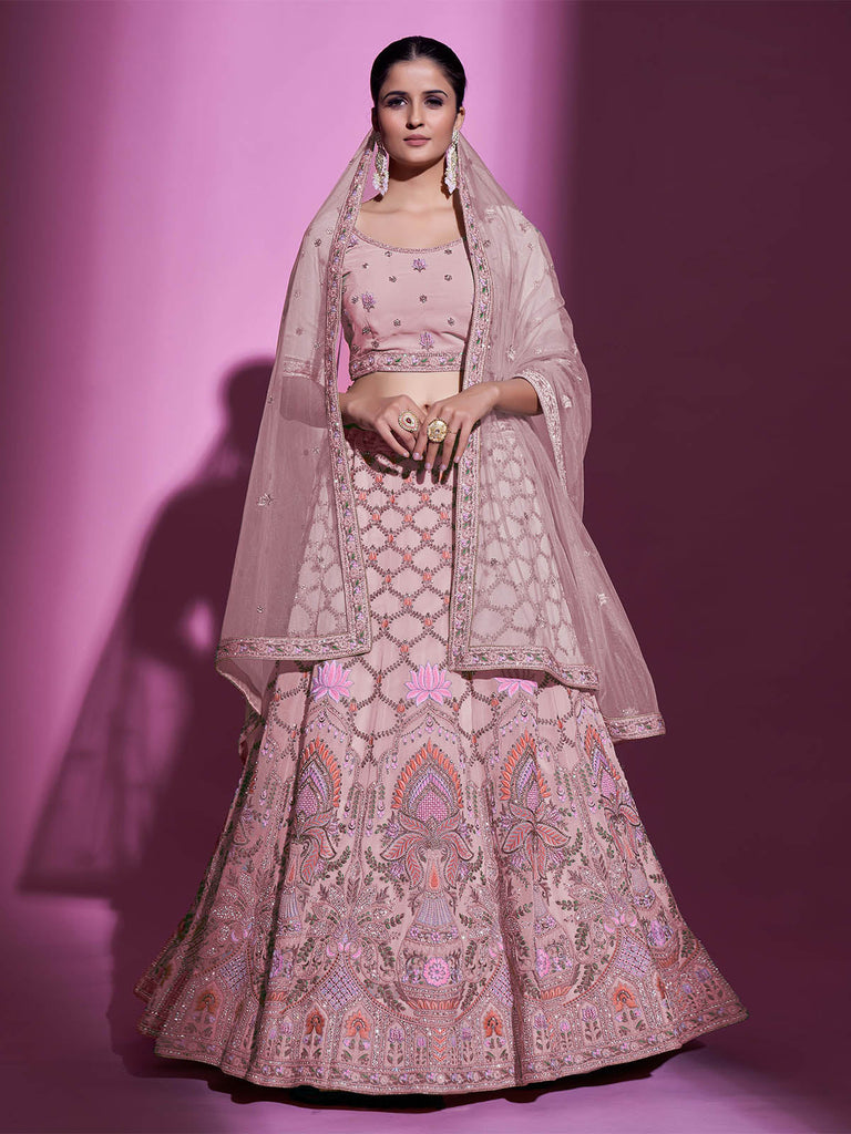 Peach Georgette Embroidered Semi Stitched Lehenga With Unstitched Blouse Clothsvilla