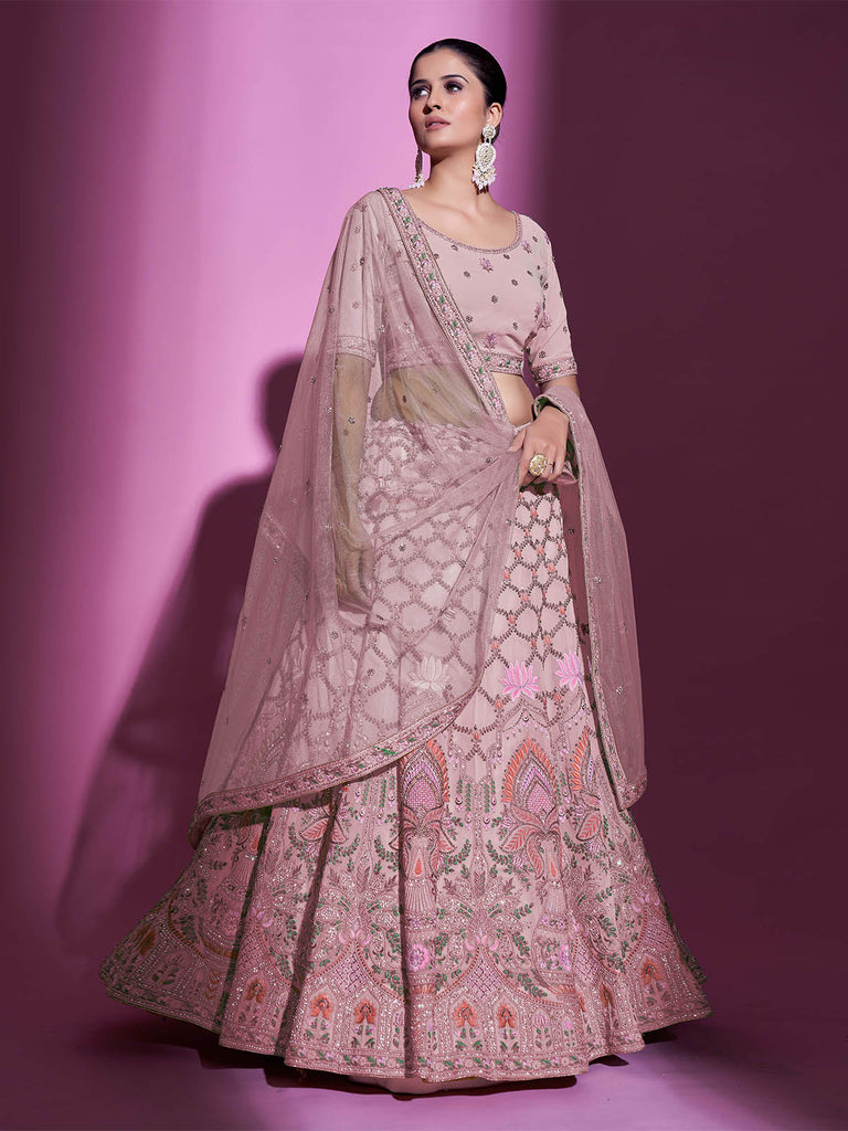 Peach Georgette Embroidered Semi Stitched Lehenga With Unstitched Blouse Clothsvilla