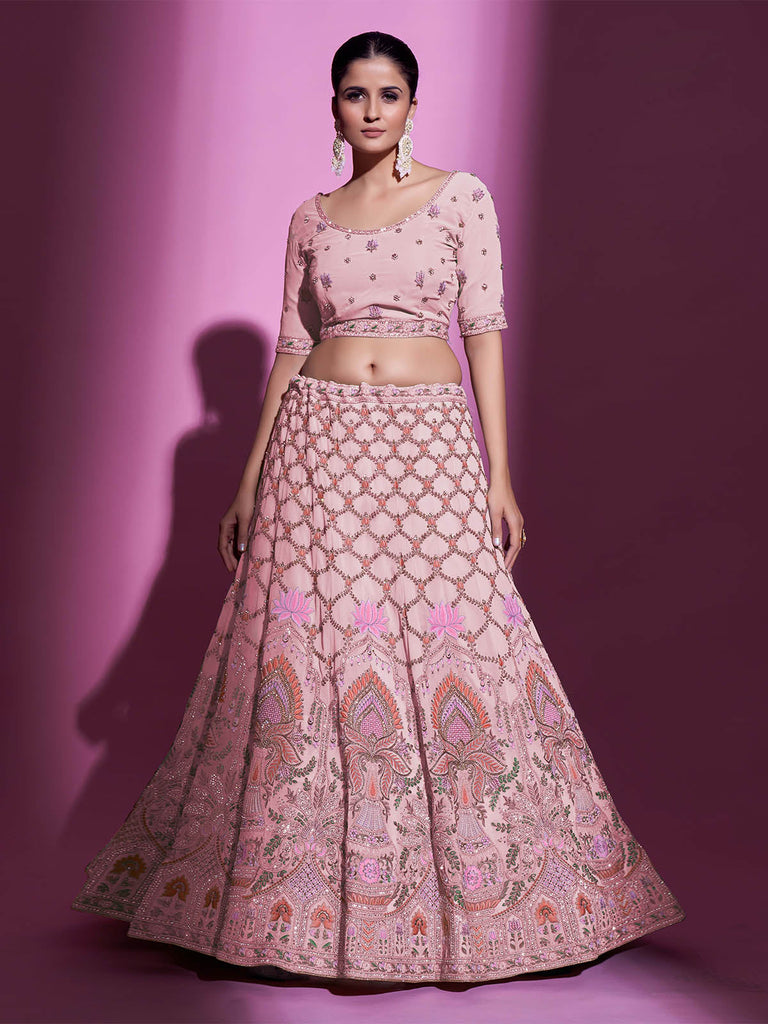 Peach Georgette Embroidered Semi Stitched Lehenga With Unstitched Blouse Clothsvilla