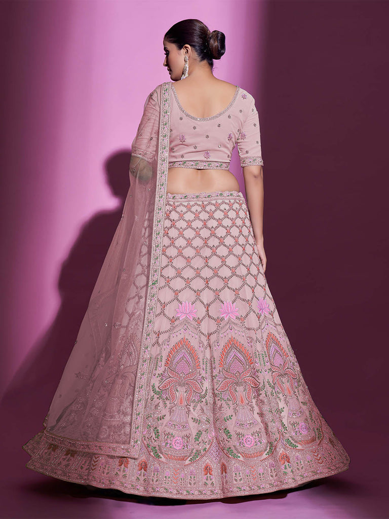 Peach Georgette Embroidered Semi Stitched Lehenga With Unstitched Blouse Clothsvilla