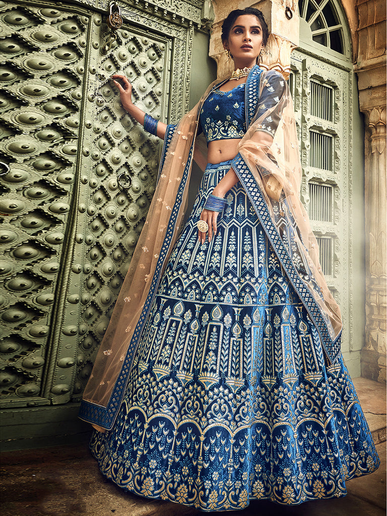 Blue Embroidered Velvet Semi Stitched Lehenga With Unstitched Blouse Clothsvilla