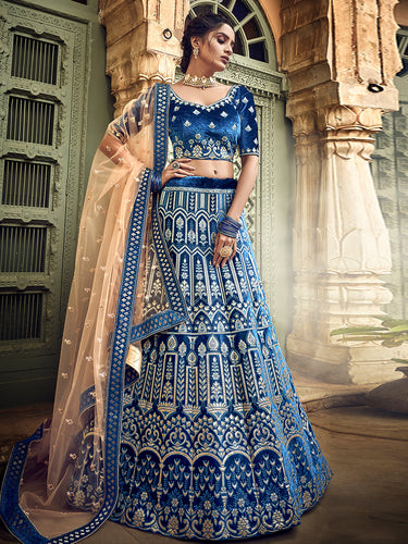 Blue Embroidered Velvet Semi Stitched Lehenga With Unstitched Blouse Clothsvilla
