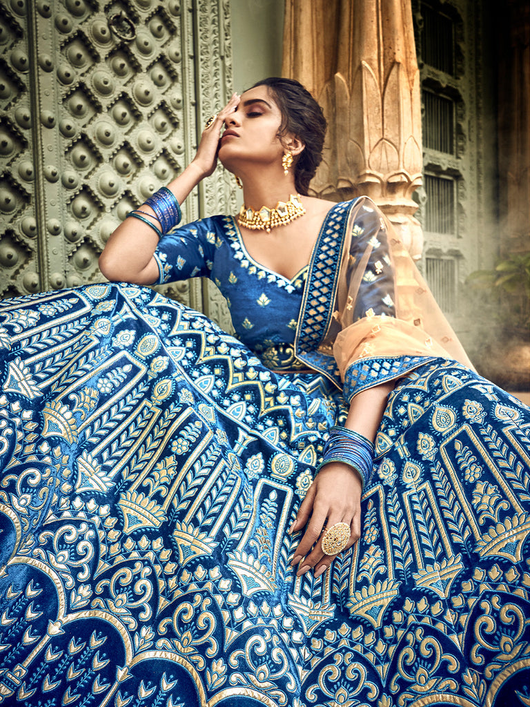 Blue Embroidered Velvet Semi Stitched Lehenga With Unstitched Blouse Clothsvilla