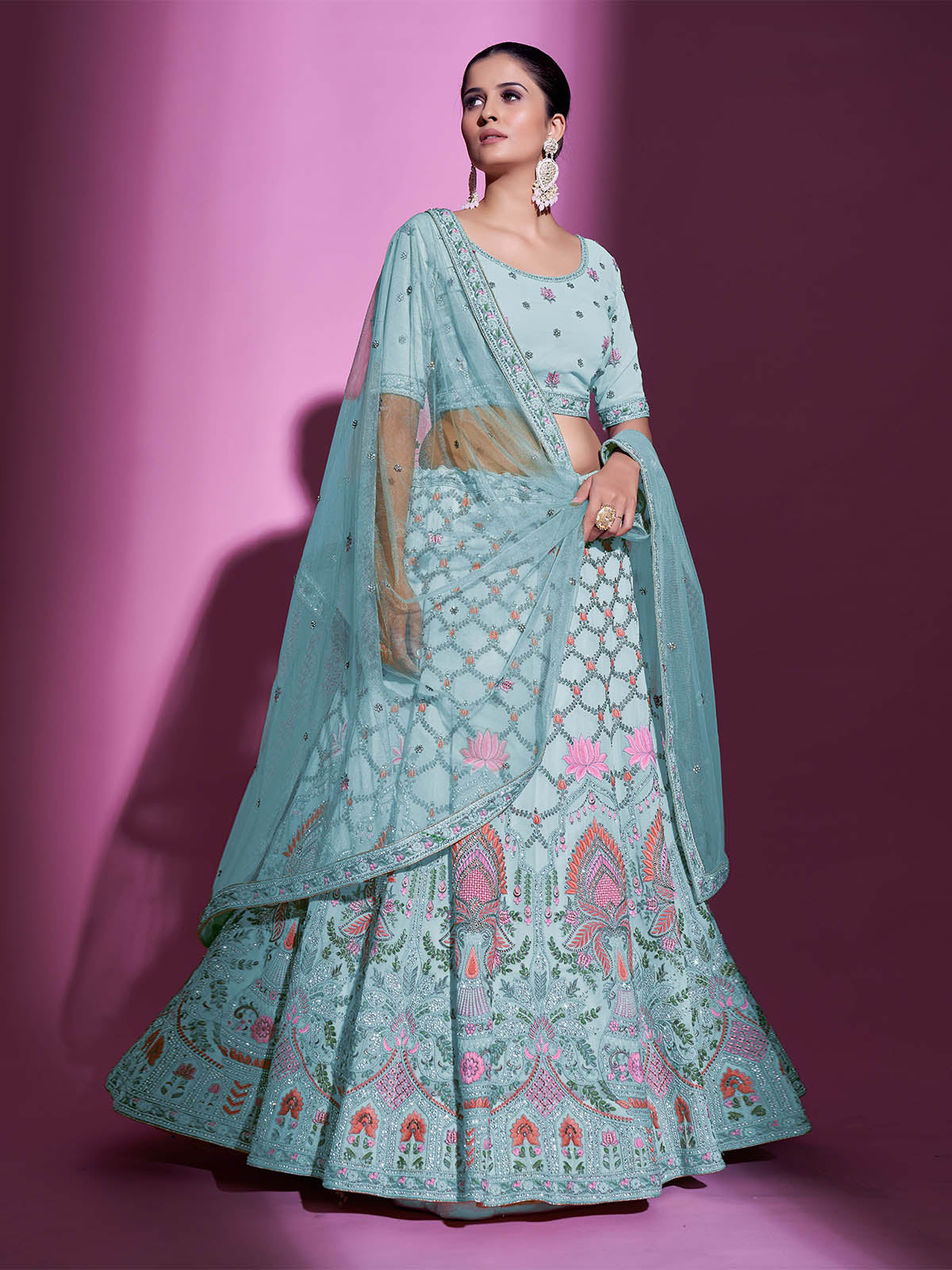 Blue Georgette Embroidered Semi Stitched Lehenga With Unstitched Blouse Clothsvilla